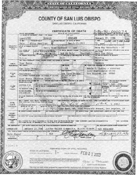 L. Ron Hubbard's Certificate of Death